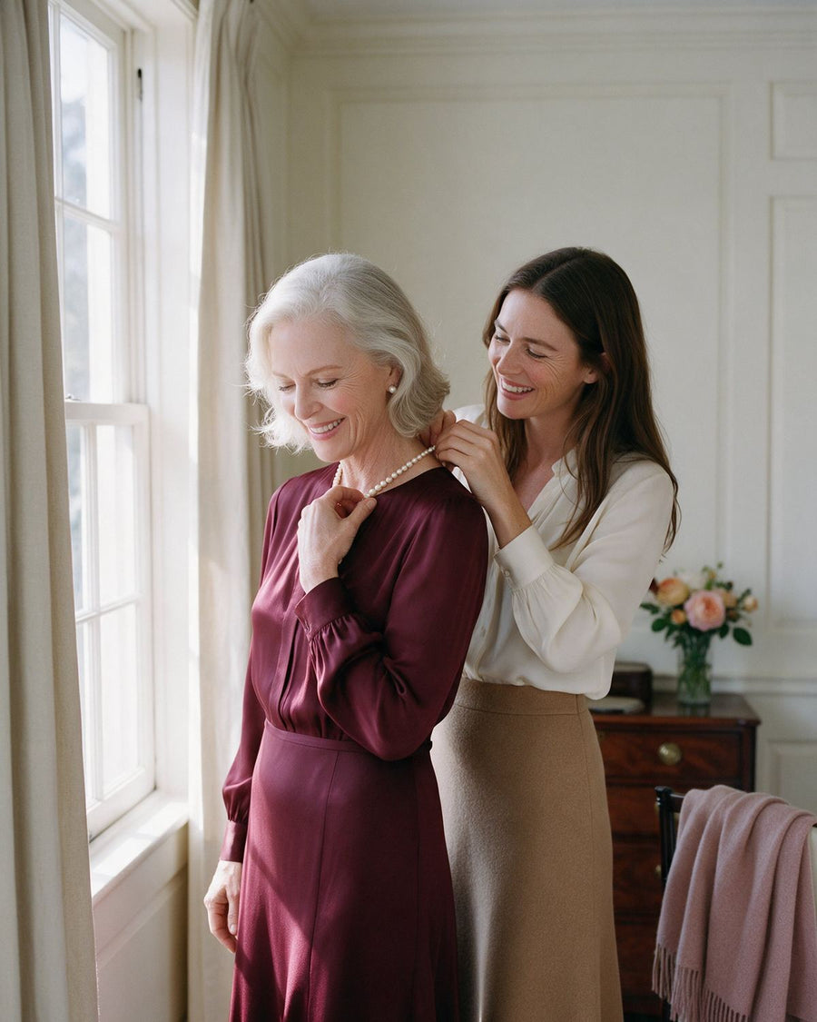 June fastening a strand of pearls around her mother’s neck