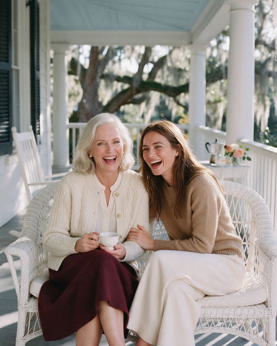 Harriet and June laughing together on the front porch