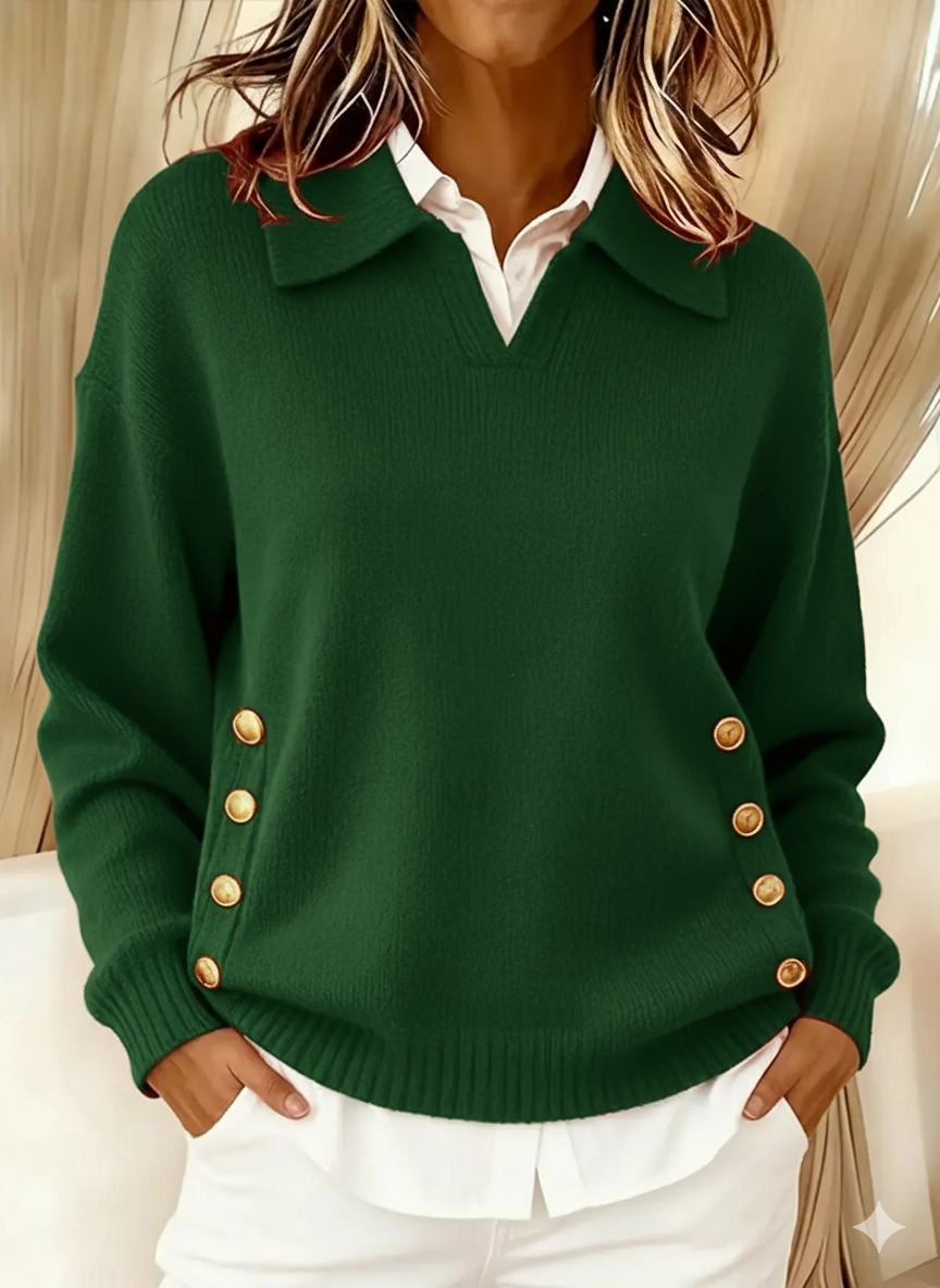 Vynette | V-Neck Sweater with Collar – Green