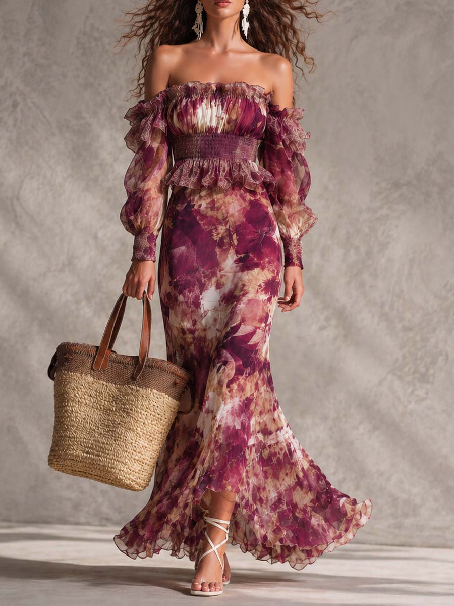 Rose Pink Floral Off-Shoulder Chiffon Maxi Dress – Rose Pink