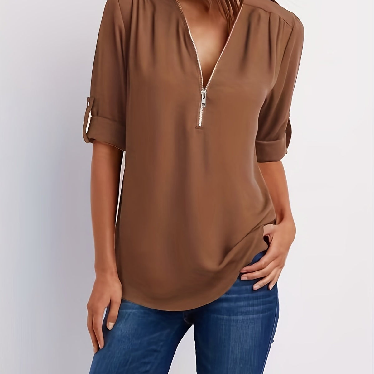 Ariana | Sleek Zip-Front V-Neck Blouse – Dark brown