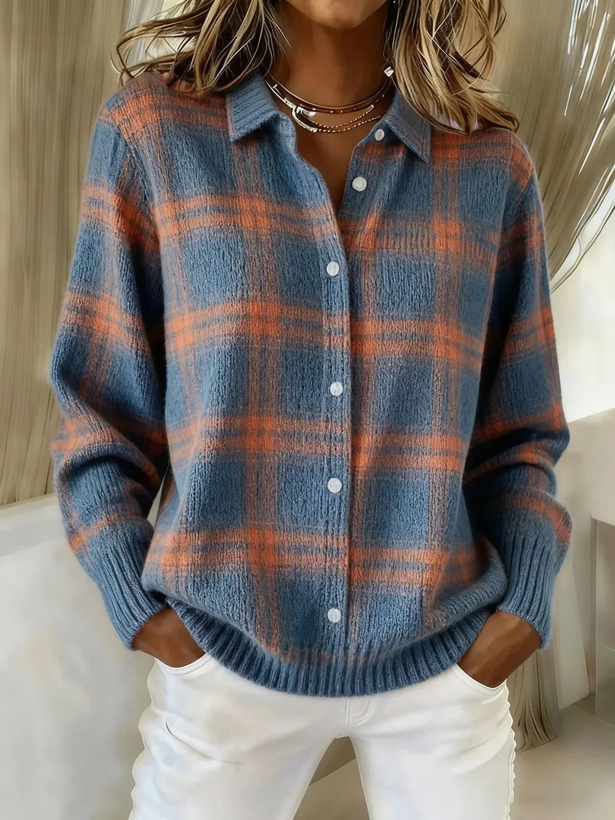 Camille | Plaid Cardigan – Blue & Orange