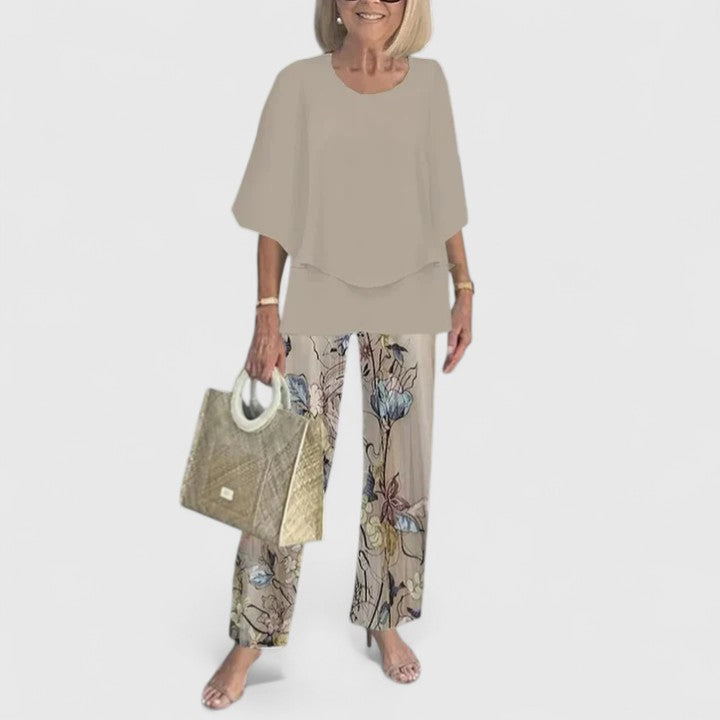 Ciara | Sophisticated Loose Two-Piece Set – Taupe Print
