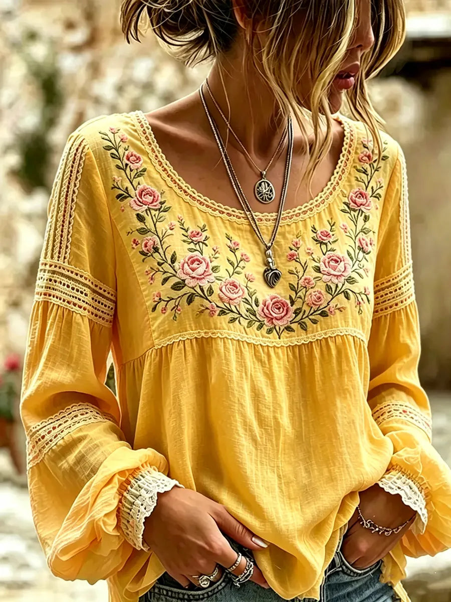 Amabel | Boho Floral Embroidered Blouse