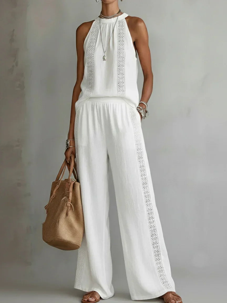 Camilla | Elegant Halter Linen Two-Piece Set – White