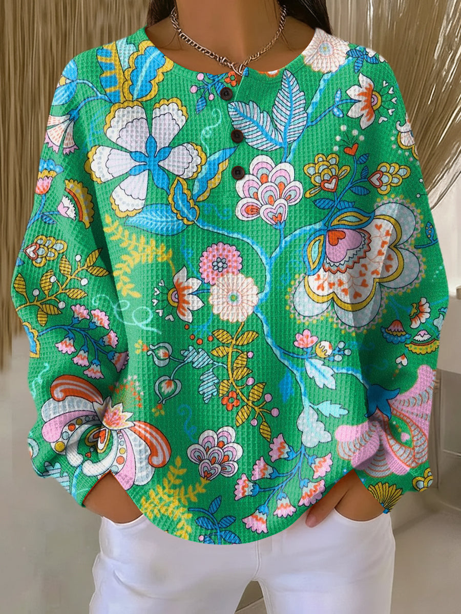 Elina | Sweater with Colorful Ethnic Floral Print – Green