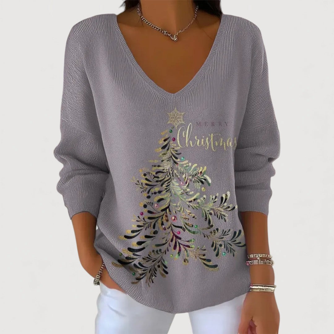Alina | Festive V-Neck Holiday Charm Long-Sleeve Top – Christmas Gray