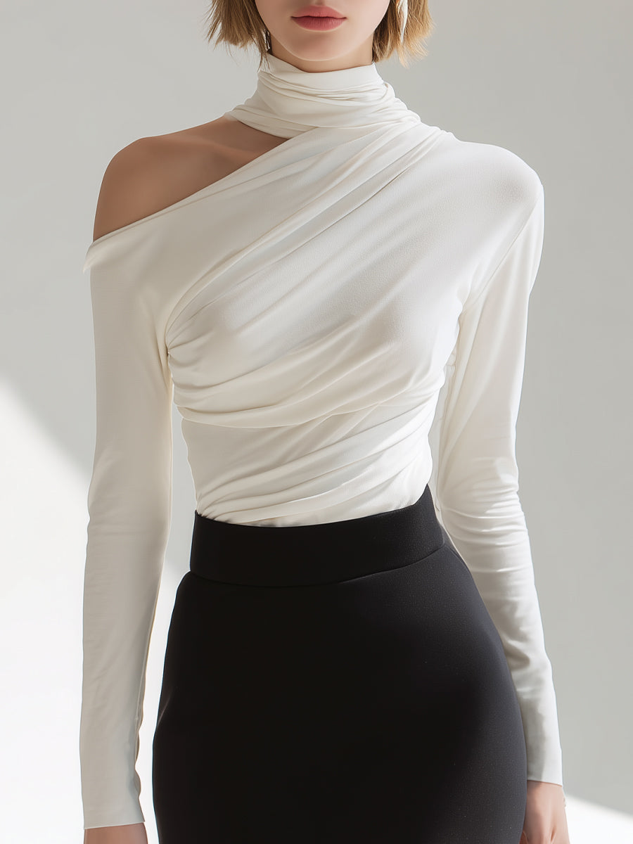 Asymmetric Draped High-Neck Long Sleeve Top – White