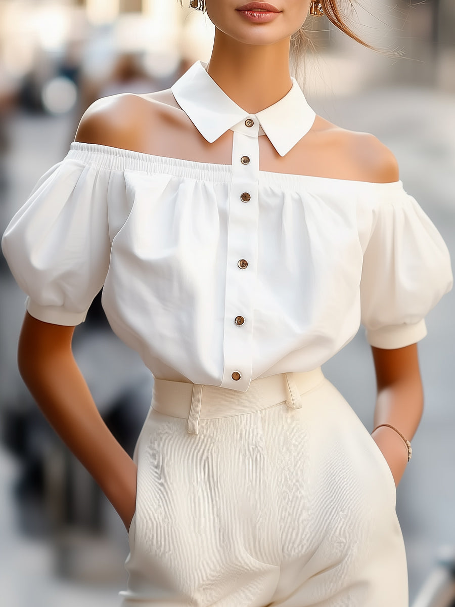 Chic Off-Shoulder Button-Up Blouse with Statement Collar – White