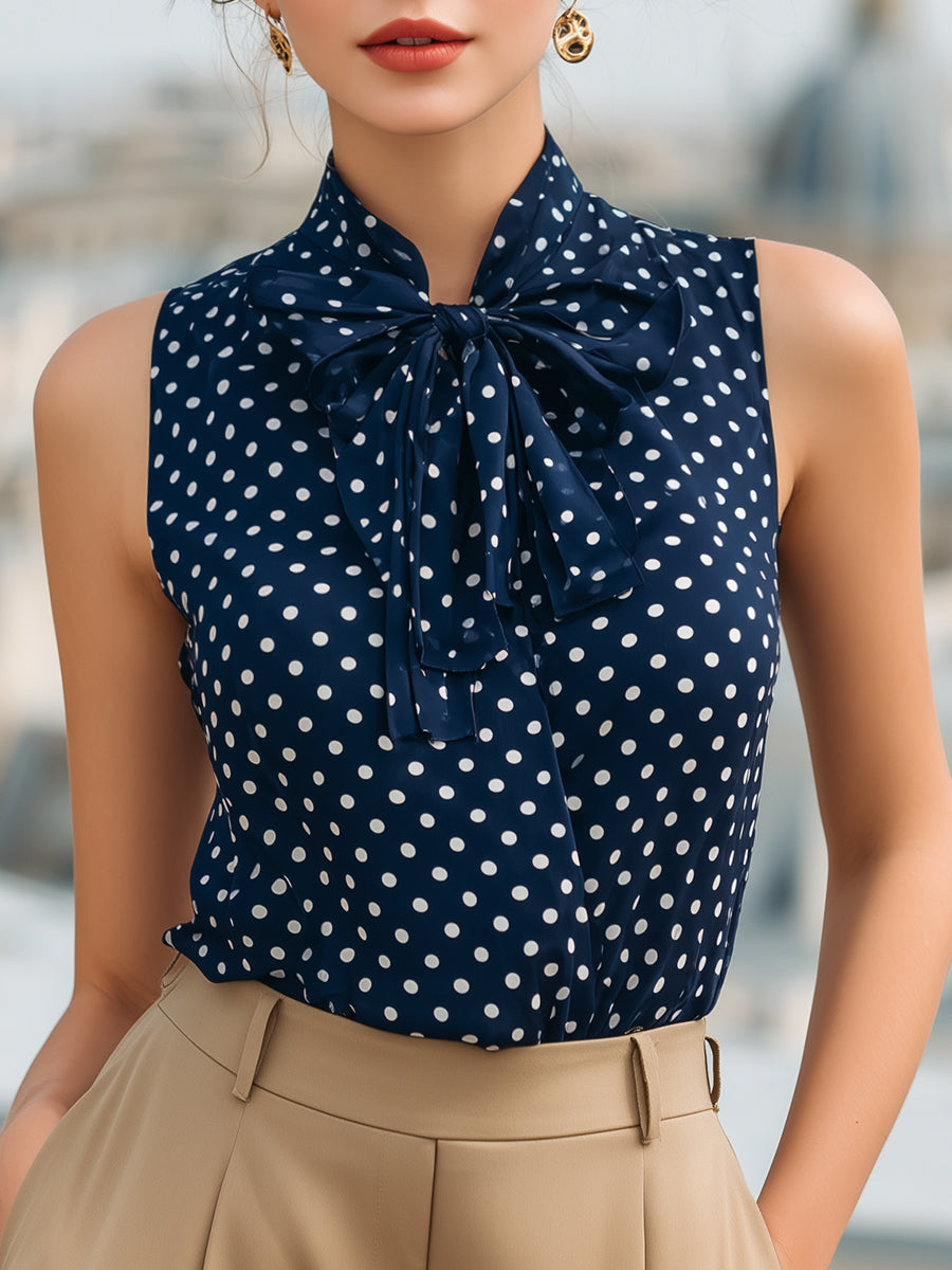 Chic Navy Blue Polka Dot Sleeveless Blouse With Bow Tie Neck – Navy Blue