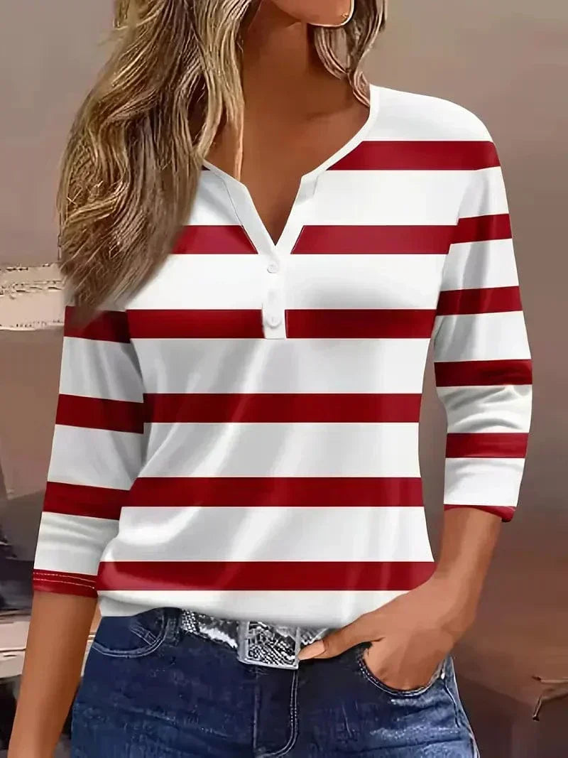 Amelia | Striped V-Neck Top – Red