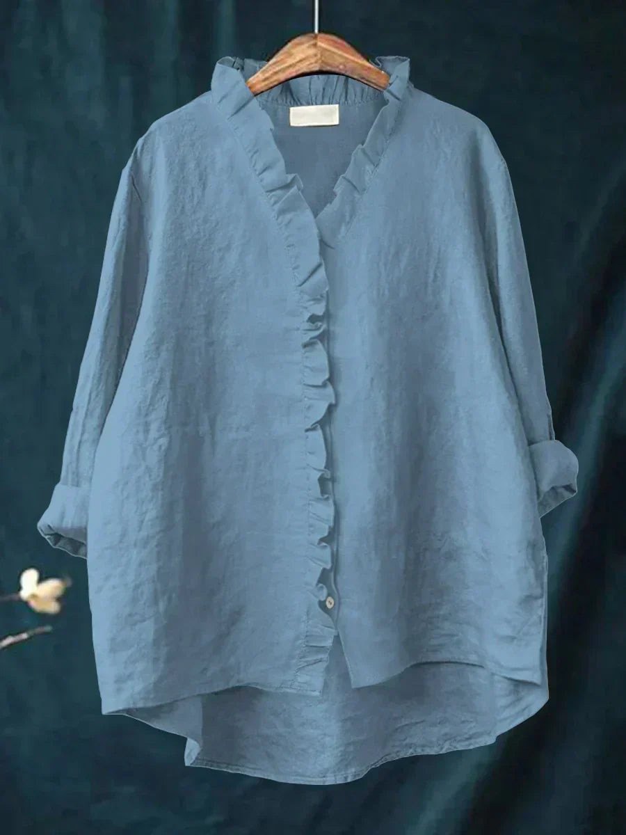 Cecily | Casual Ruffle V-Neck Blouse – Blue