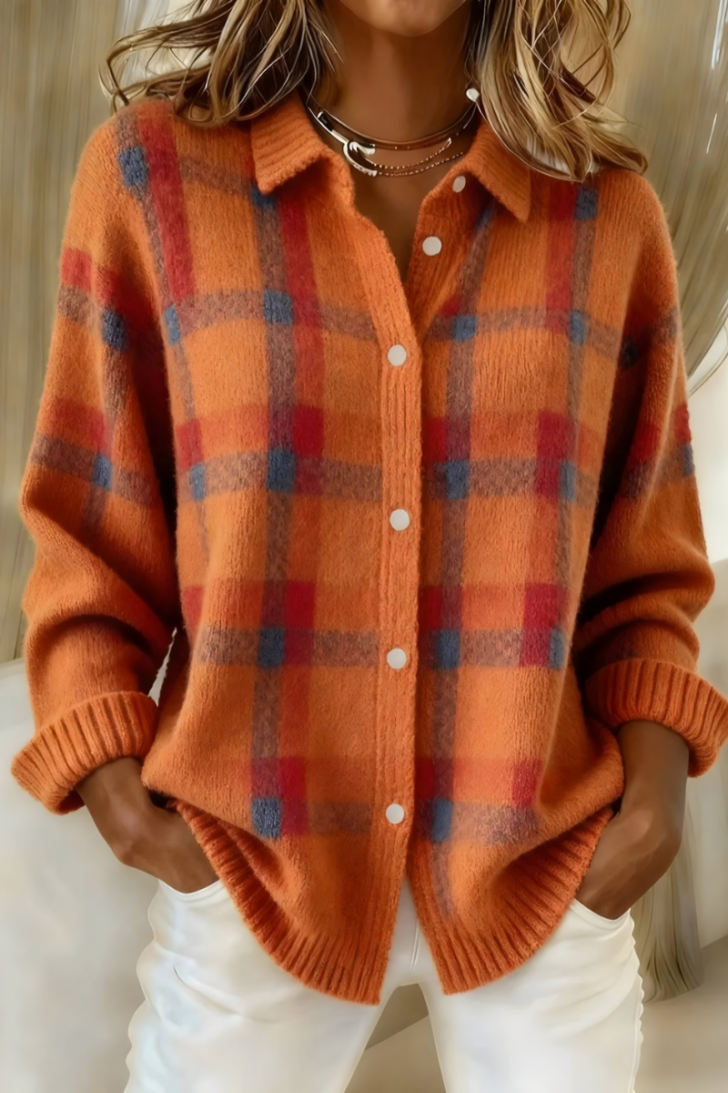 Anna | Plaid Knit Cardigan – Orange