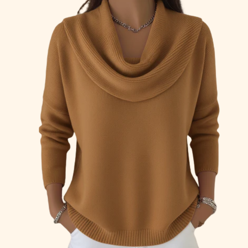 Angela | Elegant Draped Collar Sweater – Brown