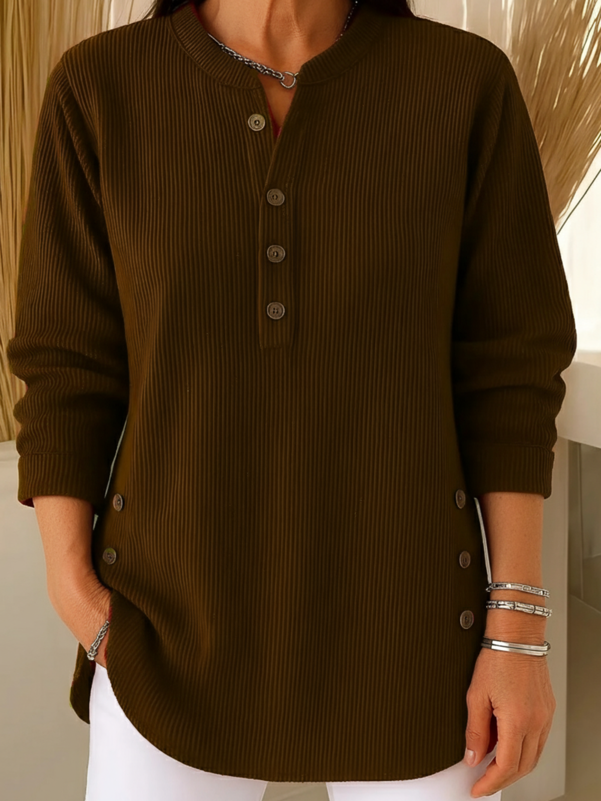 Brenda | Elegant Button-Detail Winter Sweater – Dark Brown