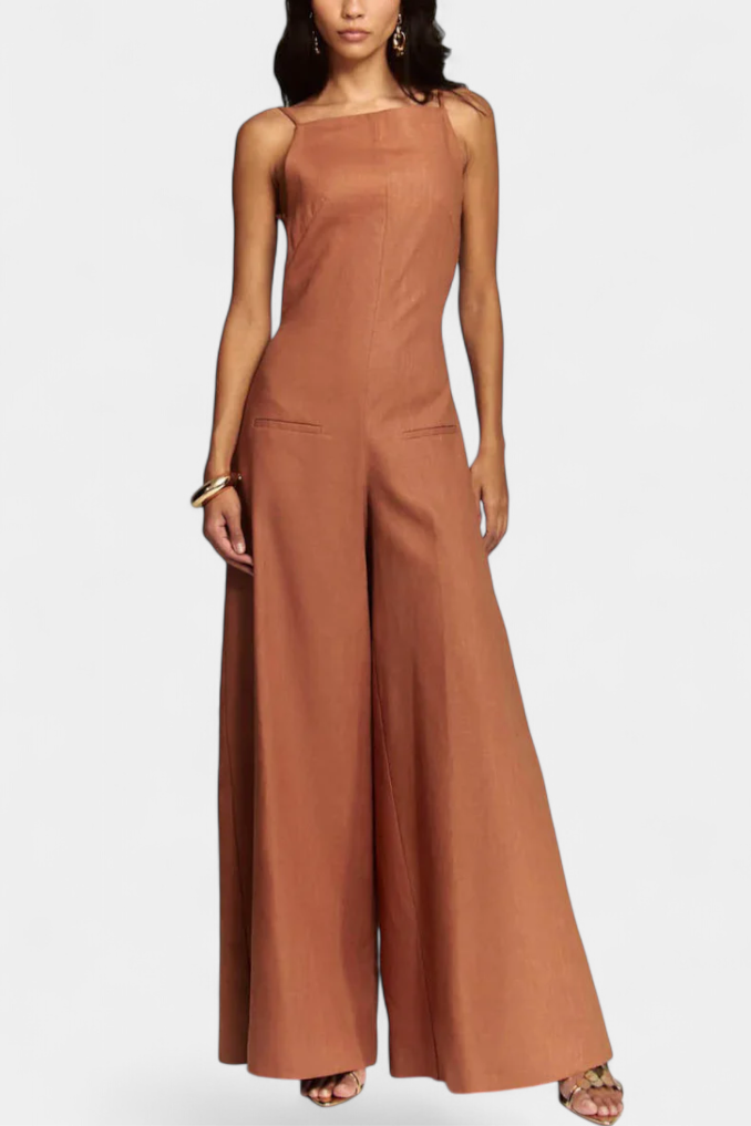 Belén Ramie Wide-Leg Halter Jumpsuit with Straight Neckline – Brown