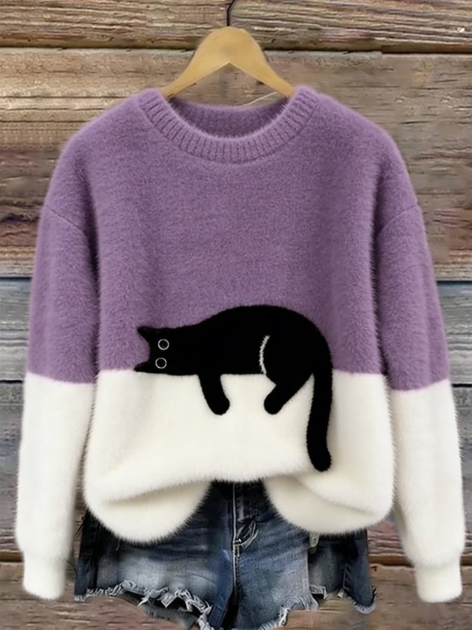 Aileen | Elegant Cat Print Oversized Sweater – Purple