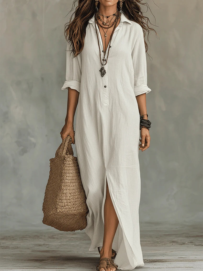 Soline | Oversized Black Maxi Dress with Buttons – White