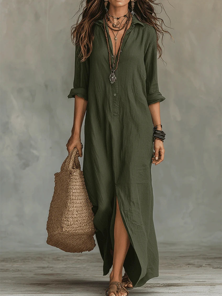 Soline | Oversized Black Maxi Dress with Buttons – Green