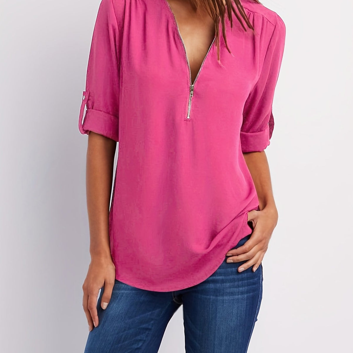 Ariana | Sleek Zip-Front V-Neck Blouse – Red rose