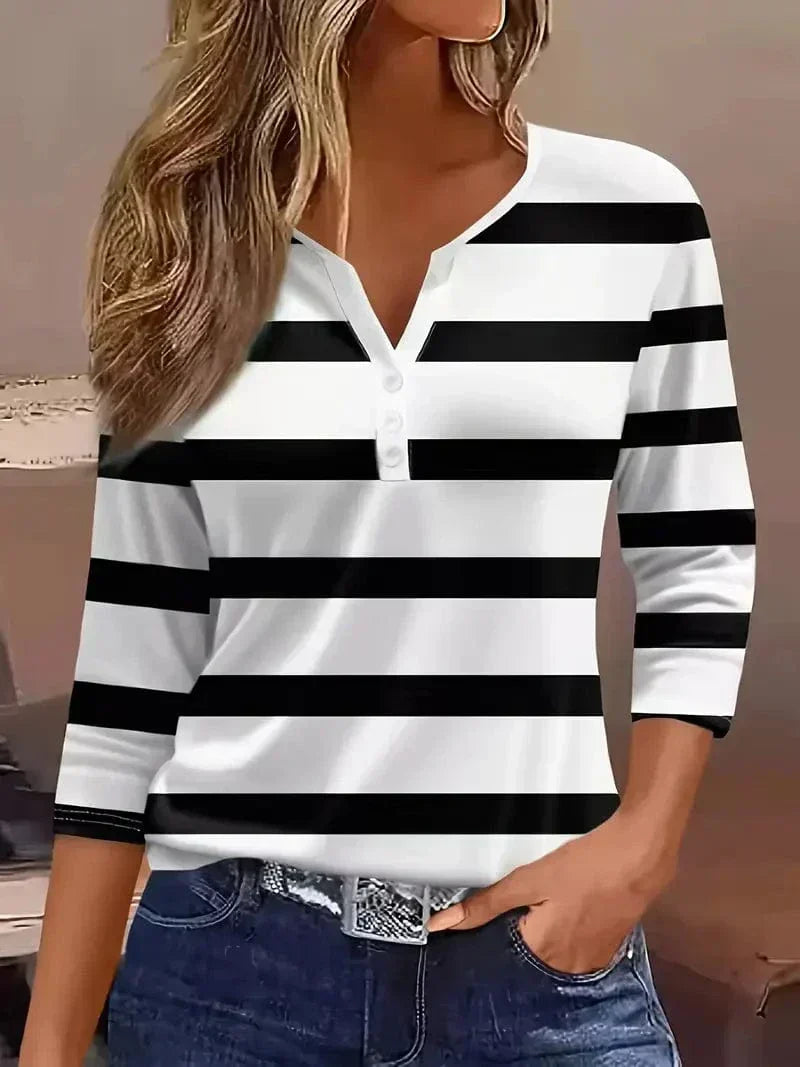 Amelia | Striped V-Neck Top – Black