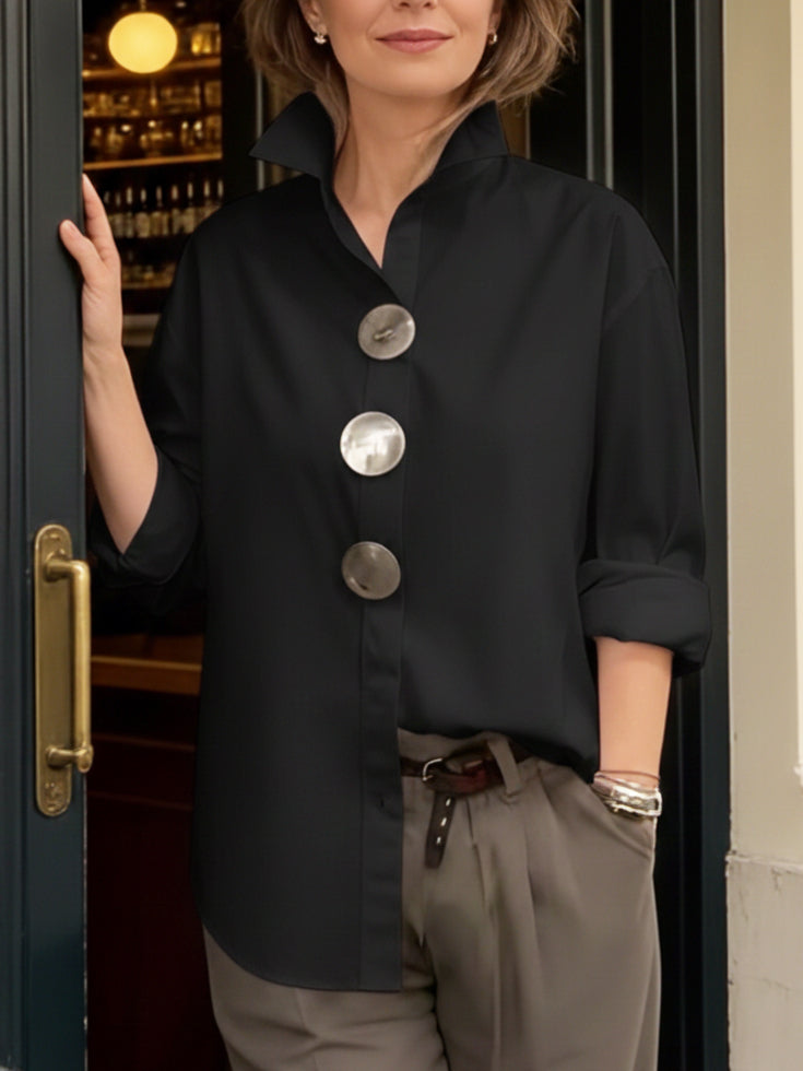 Amara | Stylish Button Stand Collar Blouse – Black