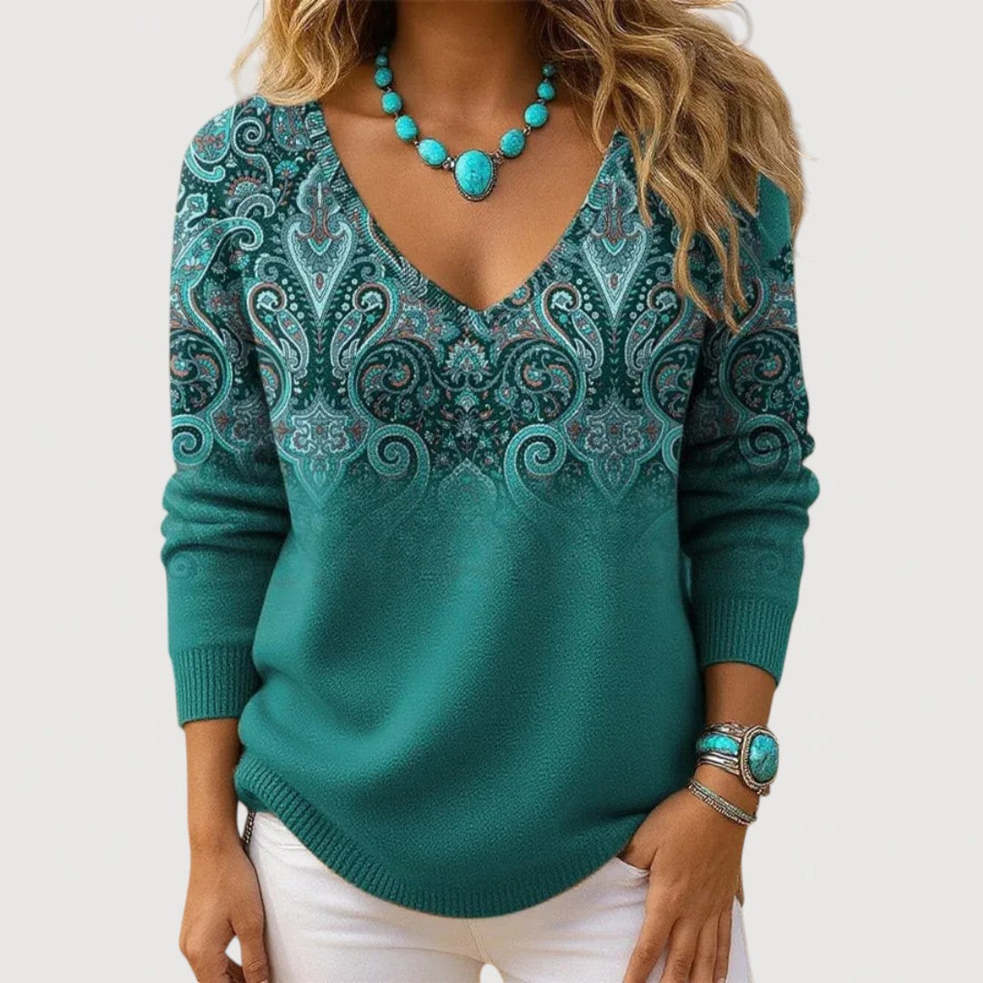 Amelia | Graceful V-Neck Long Sleeve Top – Teal