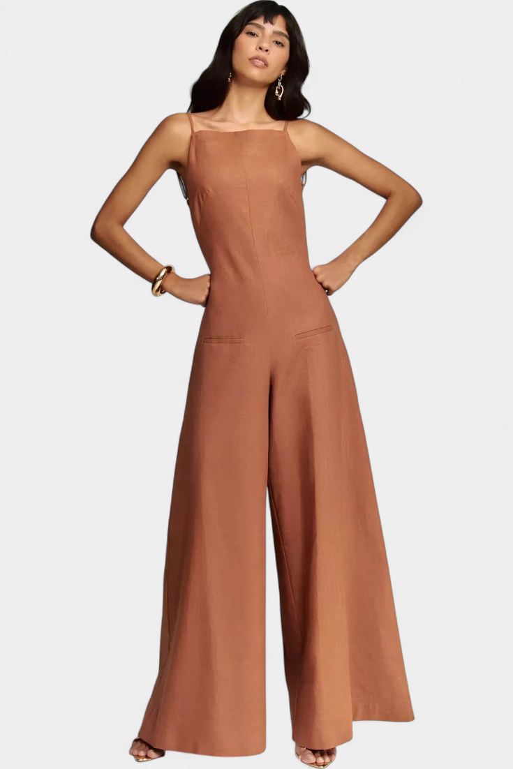 Belén Ramie Wide-Leg Halter Jumpsuit with Straight Neckline