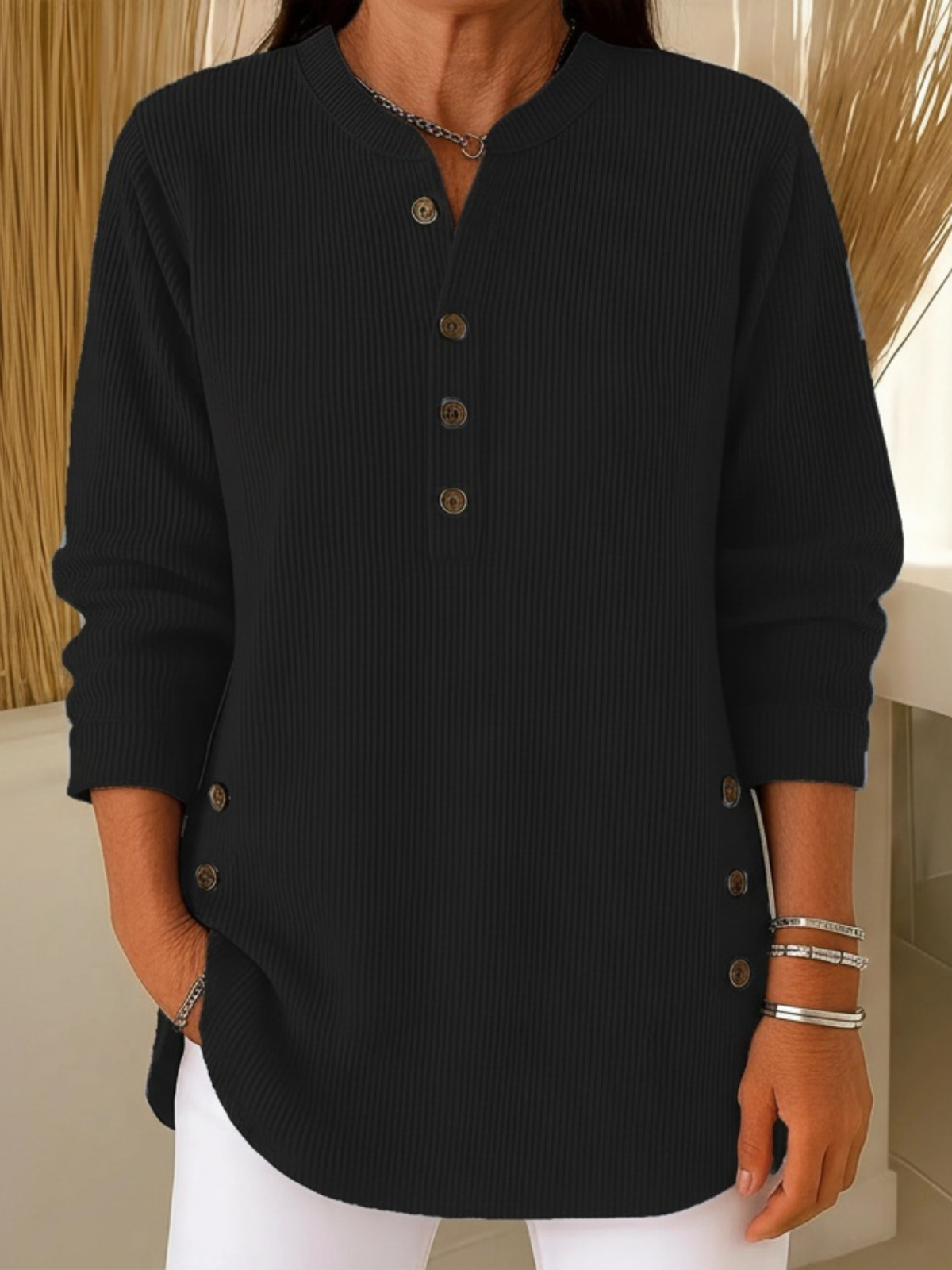 Brenda | Elegant Button-Detail Winter Sweater – Black