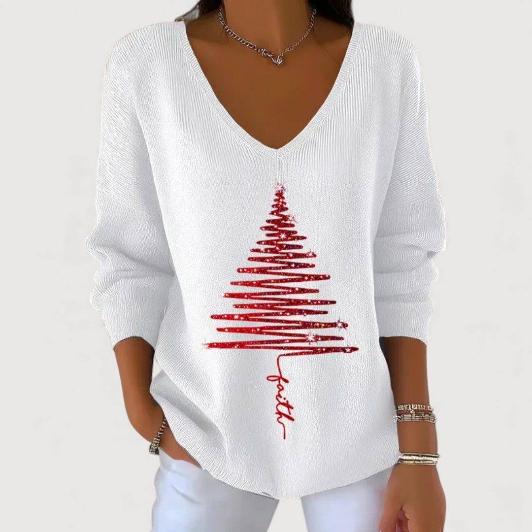 Alina | Festive V-Neck Holiday Charm Long-Sleeve Top – White