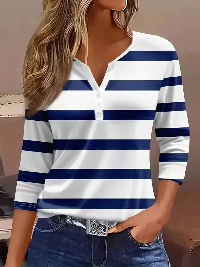 Amelia | Striped V-Neck Top – Blue