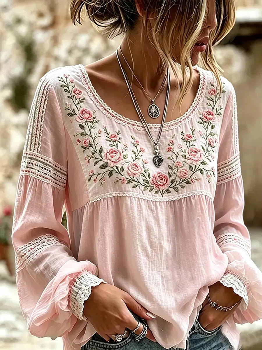 Amabel | Boho Floral Embroidered Blouse – Pink