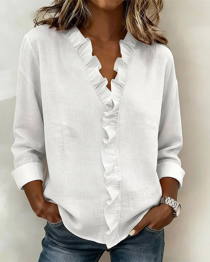 Cayla | Elegant V-neck Ruffles Blouse – White