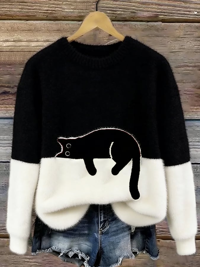 Aileen | Elegant Cat Print Oversized Sweater – Black
