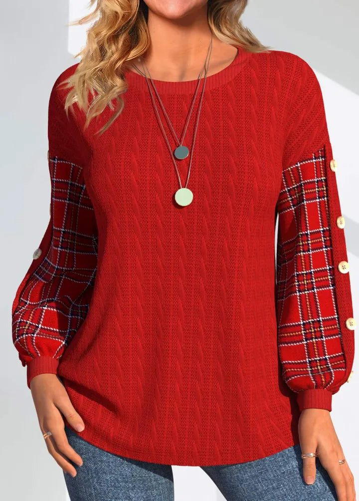 Ida | Red Knit with Checked Sleeves Sweater