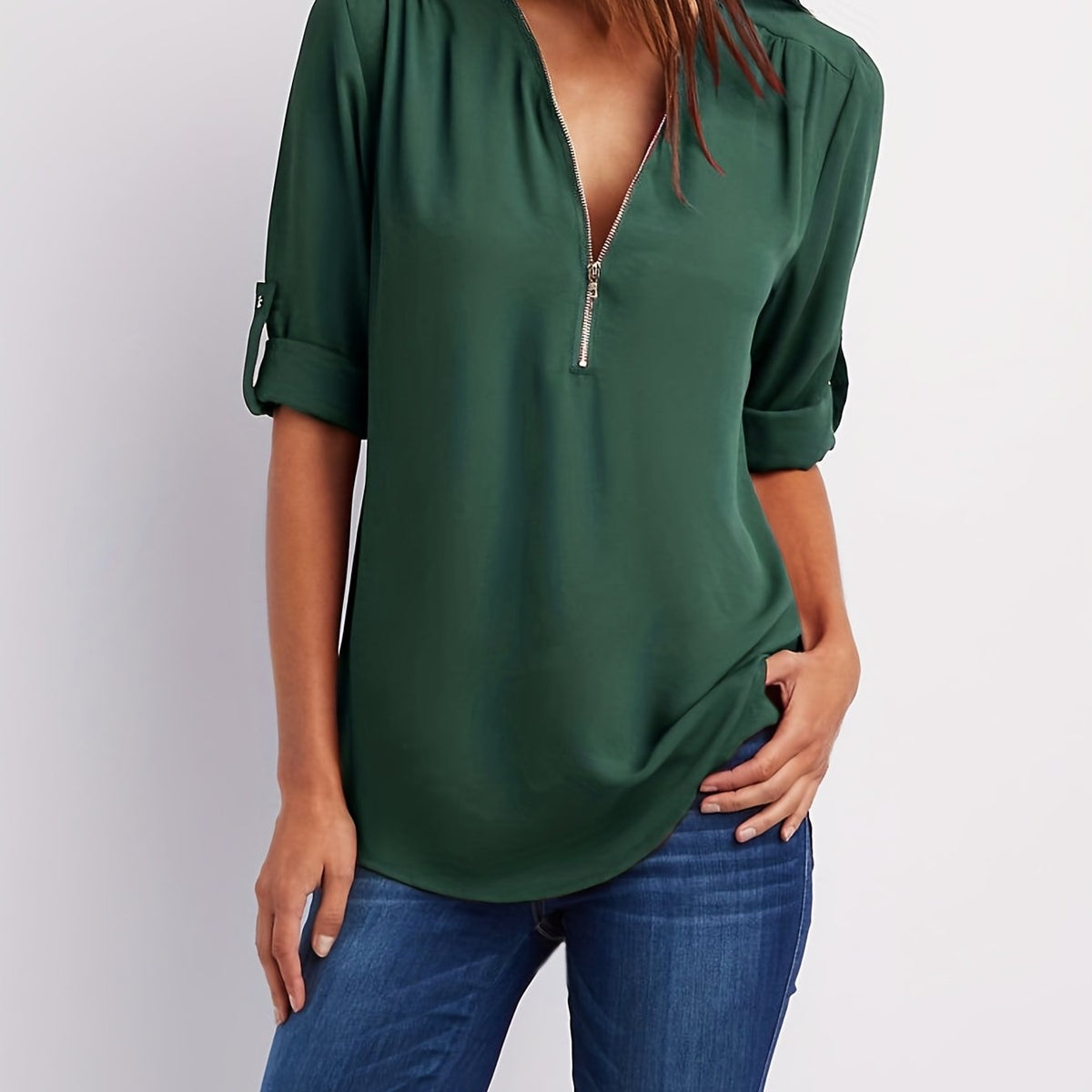 Ariana | Sleek Zip-Front V-Neck Blouse – Dark green