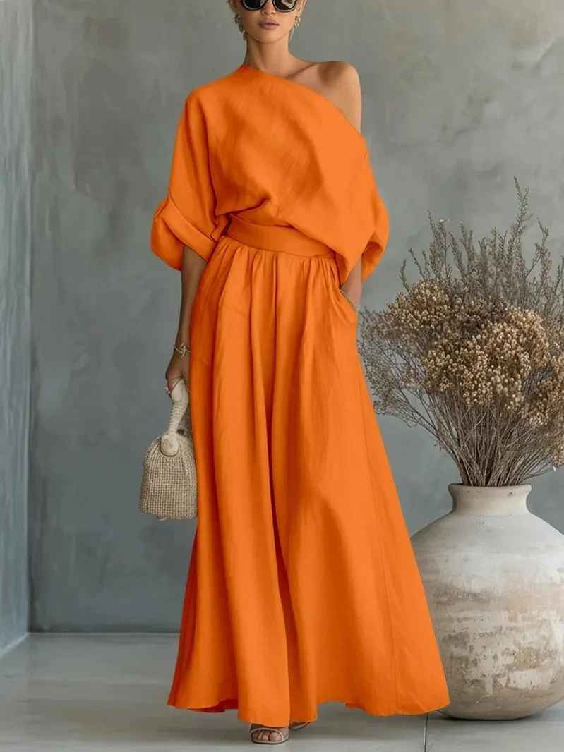 Lisa | Soft Off-Shoulder Top and Tapered Pants Set – Orange