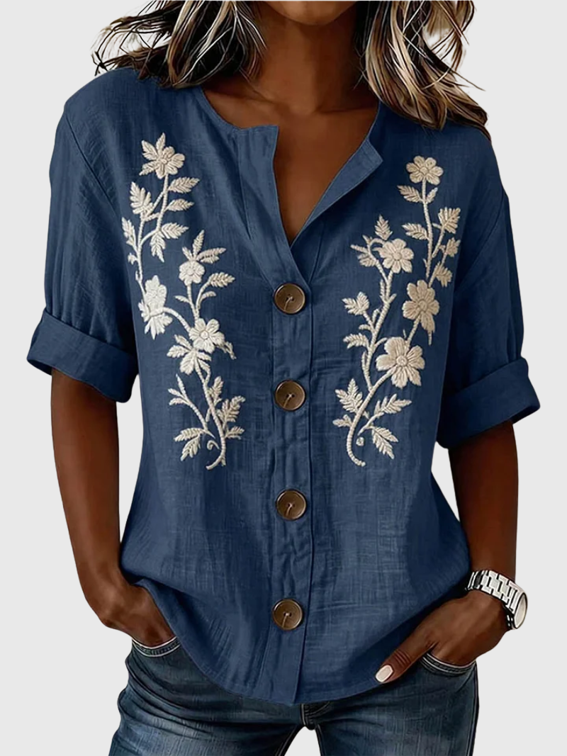 Gomez | Elegant Top With Floral Embroidery – Navy Blue