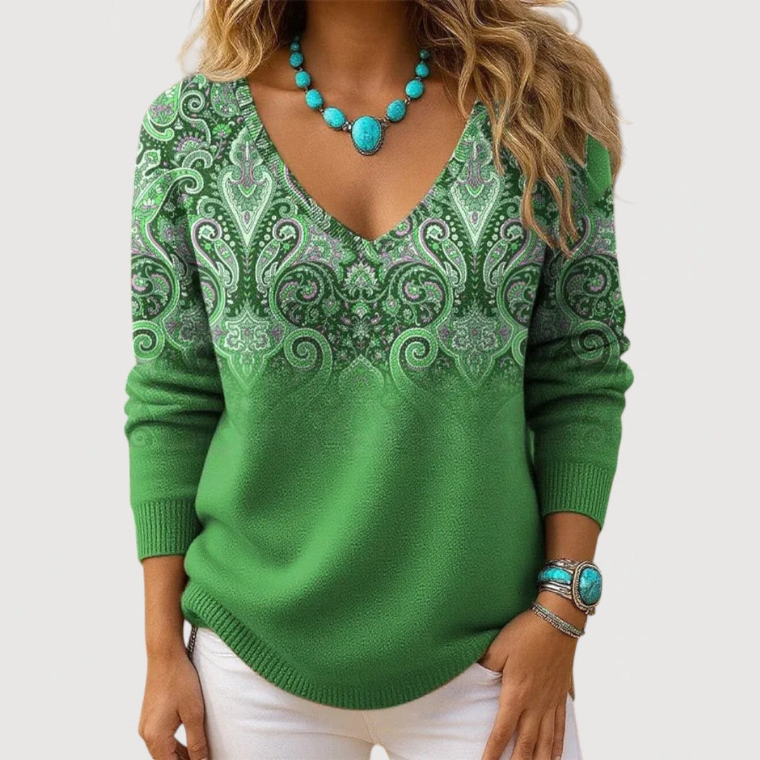 Amelia | Graceful V-Neck Long Sleeve Top – Green