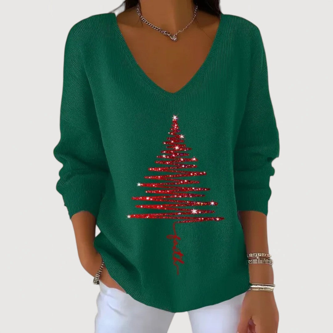Alina | Festive V-Neck Holiday Charm Long-Sleeve Top – Green