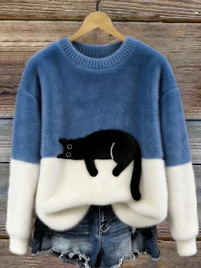 Aileen | Elegant Cat Print Oversized Sweater – Blue