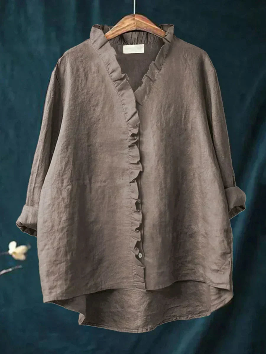 Cecily | Casual Ruffle V-Neck Blouse – Dark Gray