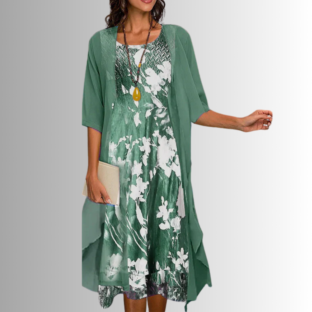 Adeline | Floral Midi Dress and Sheer Duster Two Piece Layered Elegant Set