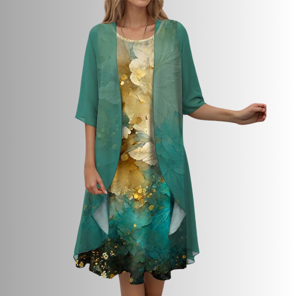 Adeline | Floral Midi Dress and Sheer Duster Two Piece Layered Elegant Set – Dark Green
