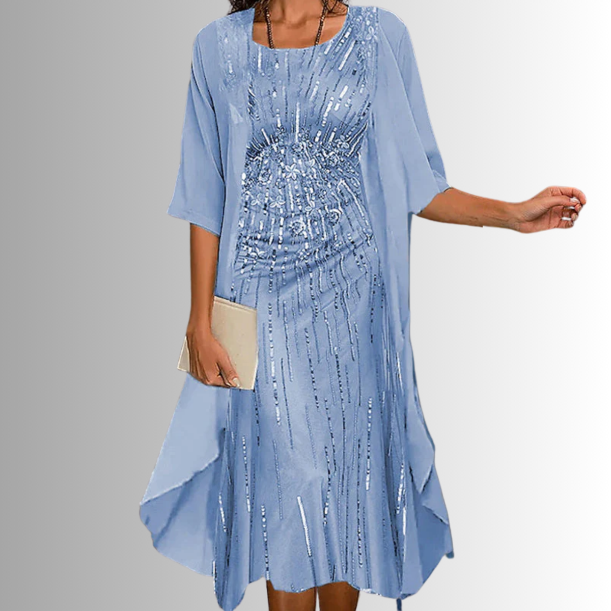 Adeline | Floral Midi Dress and Sheer Duster Two Piece Layered Elegant Set – Light Blue