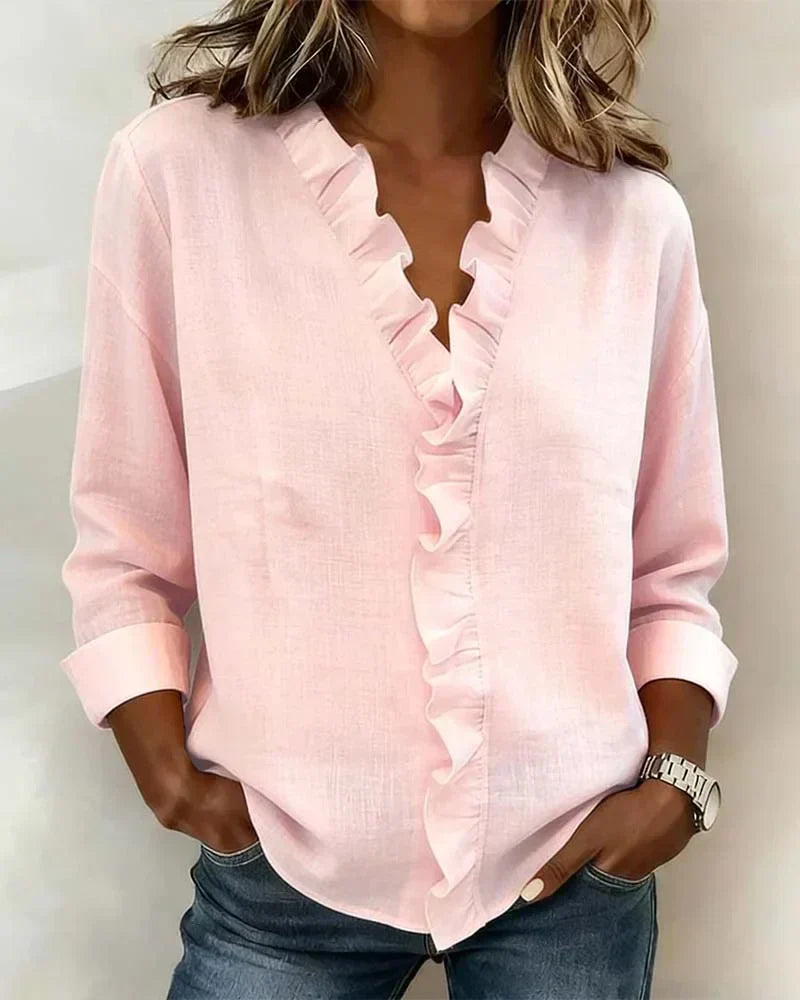 Cayla | Elegant V-neck Ruffles Blouse – Pink