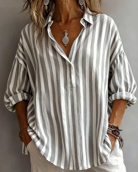 Nora | Loose Striped Blouse with Collar – Gray