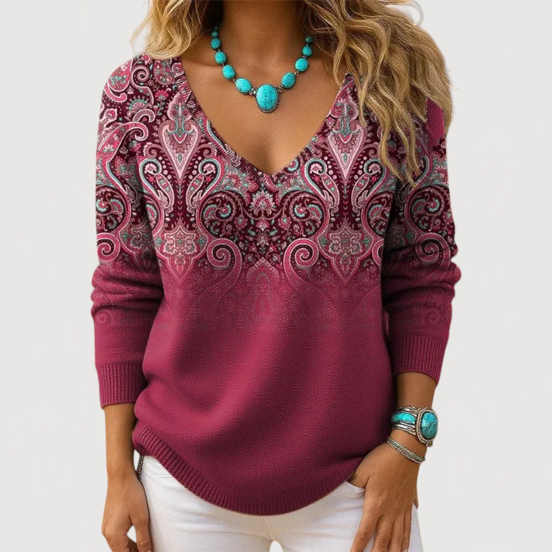 Amelia | Graceful V-Neck Long Sleeve Top – Wine