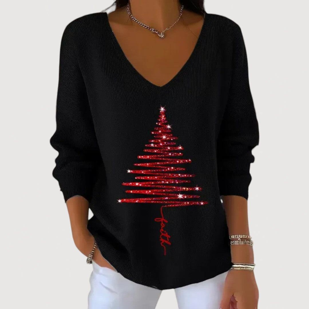 Alina | Festive V-Neck Holiday Charm Long-Sleeve Top – Black