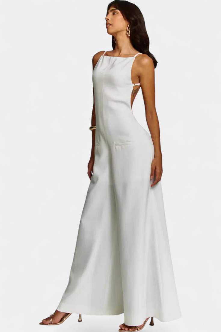 Belén Ramie Wide-Leg Halter Jumpsuit with Straight Neckline – White